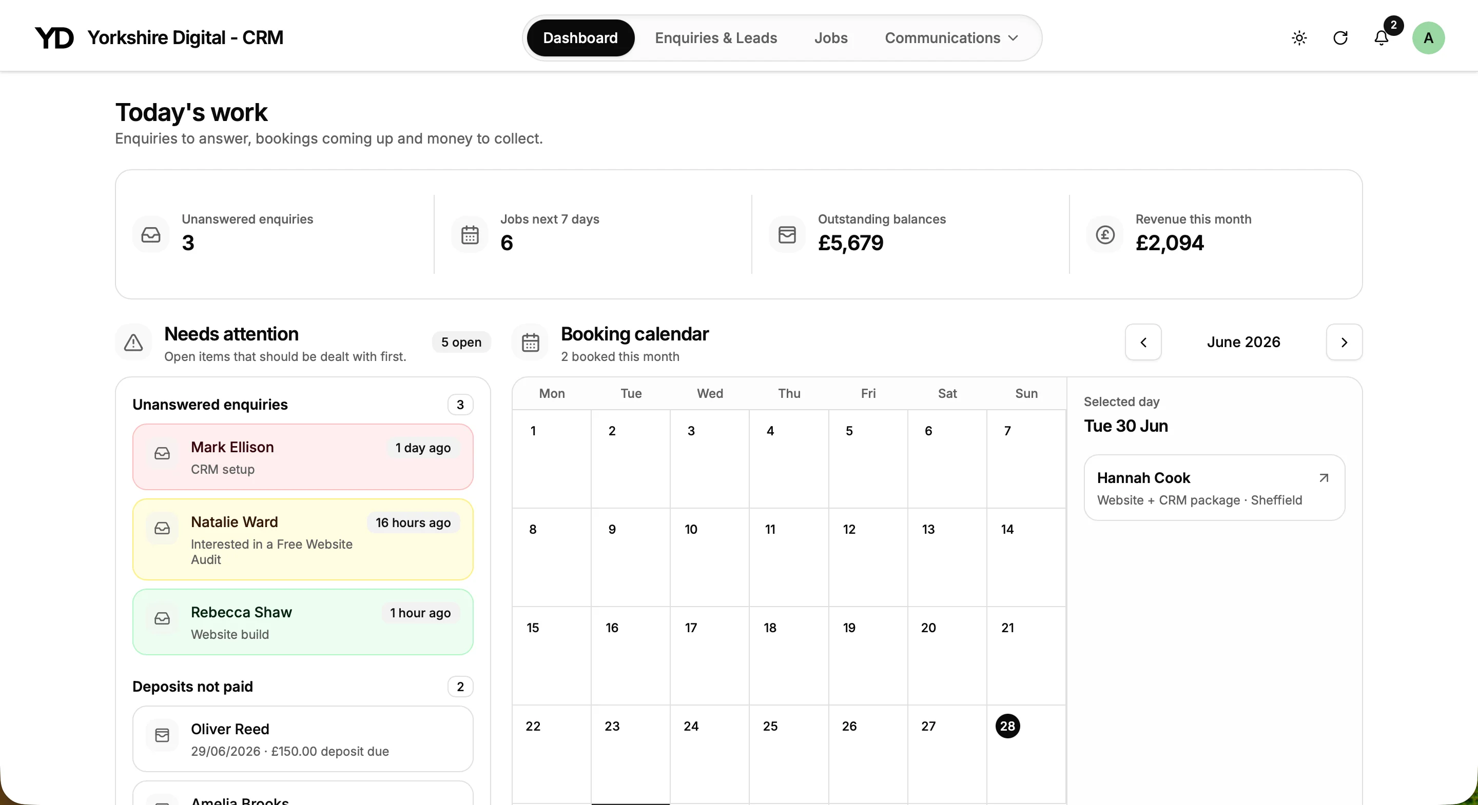 Yorkshire Digital CRM demonstration dashboard