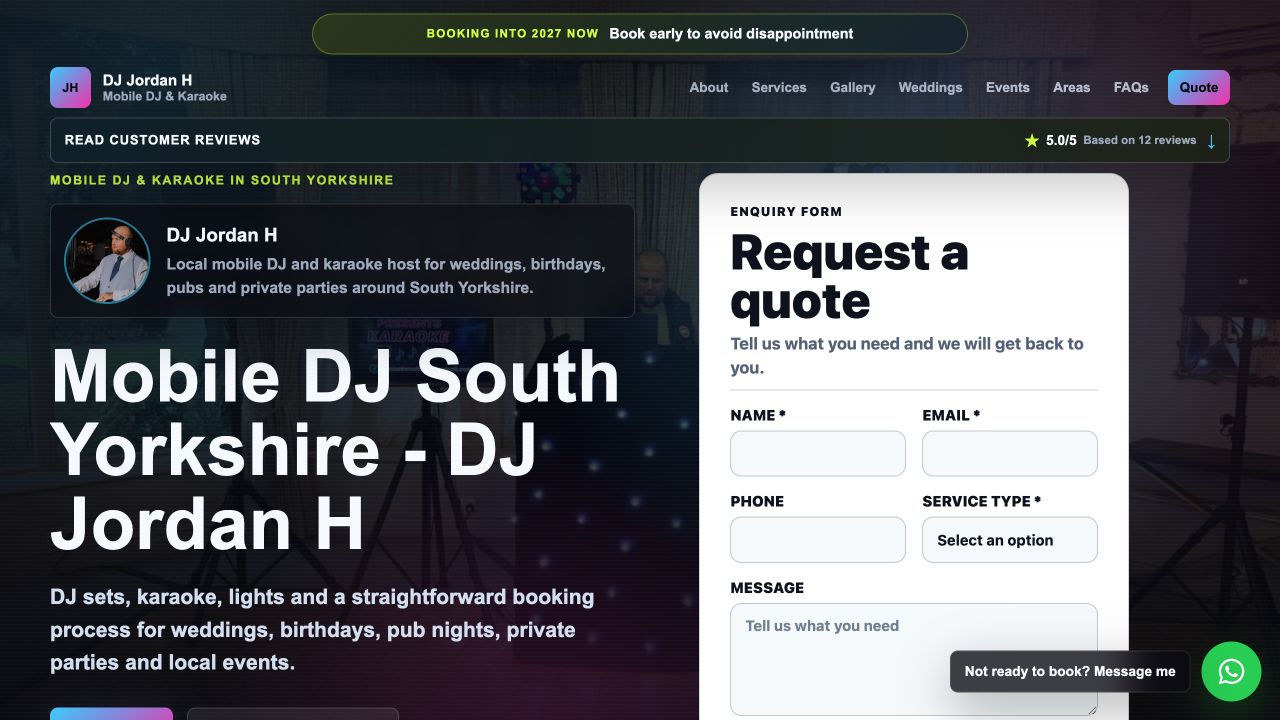 DJ Jordan H website with service content and enquiry form